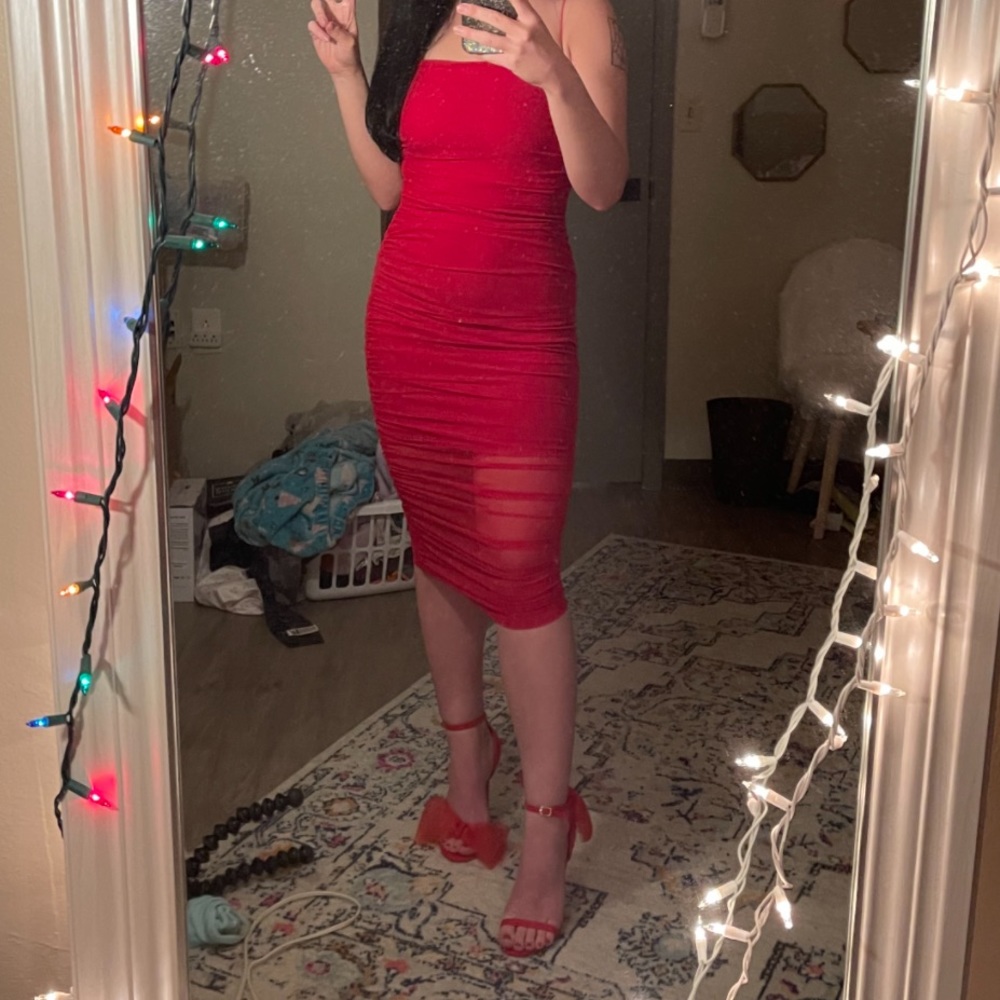RED DOLLSKILL BODYCON MIDI DRESS